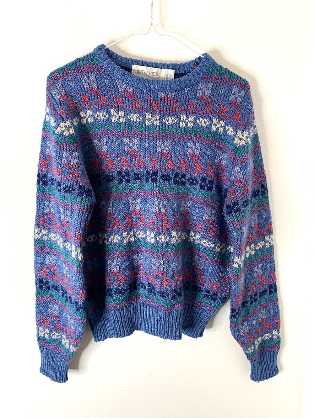 Vintage Point of View Blue Fair Isle Nordic Knit Crewneck Sweater